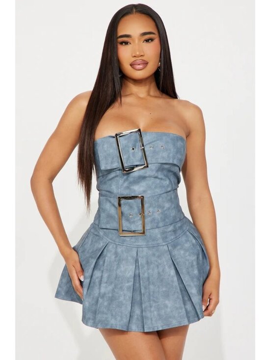 Fashion Nova Dresses & Skirts - Fashion Nova Dress 2X Pia Faux Leather Mini Slate Blue Belt Back Zipper Closure